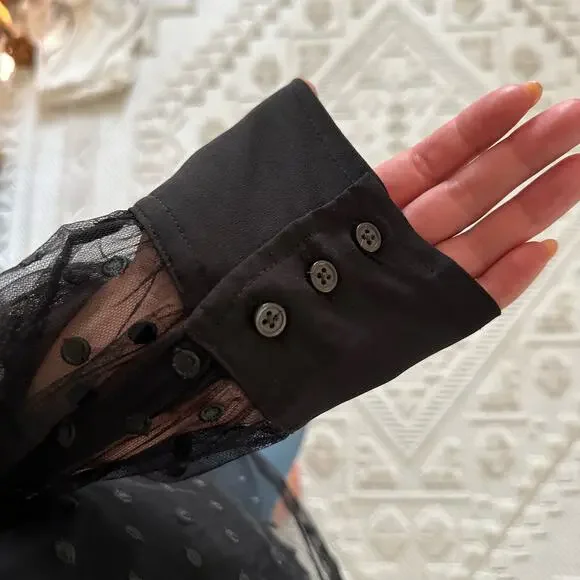 NWT J. Crew Tie-Neck Long Sleeve Top in Dotted Tulle Black 16 $148 - Picture 8 of 12